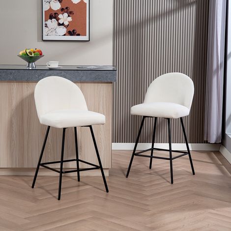 Lot de 2 tabourets de bar velours avec dossier et repose-pieds, pour îlot cuisine et plan de travail, 48,5x56x92 cm, blanc crème
