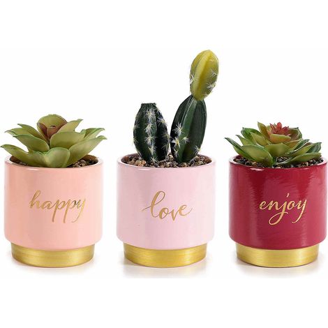 Pots en céramique colorée avec plantes grasses artificielles, inscriptions dorées happy, love, enjoy et base dorée, lot de 3, diam. 8 cm x H. 16,5 cm