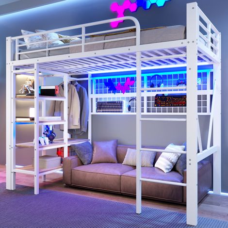 MODFU – Letto a soppalco 90x200 cm in metallo bianco con LED controllabile da app, vano contenitore, rete e appendiabiti – Bianco (1/5)