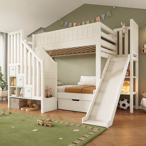 DESMIU Lit superposé enfant 90 × 200 cm avec toboggan, rangements, sans matelas, en bois, blanc (1/5)