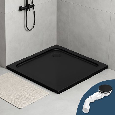 Wolketon Acryl Duschtasse 90x90 cm Mattschwarz, 4 cm flach, Ablauf mit Haarfilter (1/5)