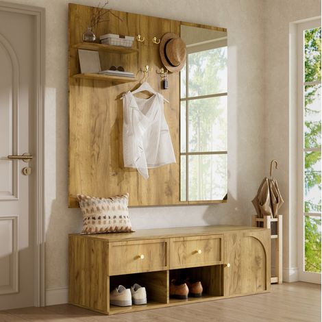 Ensemble vestiaire d’entrée avec miroir, crochets, tiroirs et banc à chaussures, aspect bois (1/5)