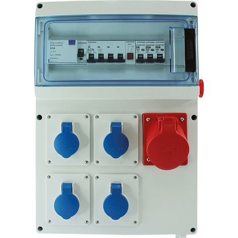 Eur Ohm – Coffret provisoire 4 prises 2P+T 16A IP44 – 1 prise 3P+N+T 32A – Interrupteur différentiel 30mA – Arrêt d'urgence – Voyant