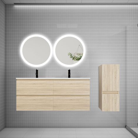 Ensemble meuble double vasque L.120cm 4 tiroirs + lavabo + 2 LED miroirs rond 60cm + colonne,chêne AICA