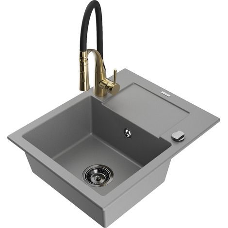 Mexen Enzo évier en granit 1-bac avec égouttoir et robinet de cuisine Aster, gris - 6506-71-73450-57-B (1/5)