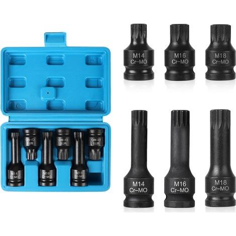 Jeu de 6 Douille XZN 1/2". M14. M16. M18 Coffret Douille Long et Court à Impact avec Boîte. Embouts à 12 Pans en CR-MO (1/5)