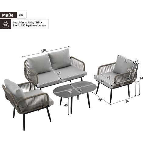 Salon de jardin avec coussins confortables : canapé 2 places, 2 fauteuils, table basse, corde tressée main, plateau verre effet bois, acier galvanisé, gris