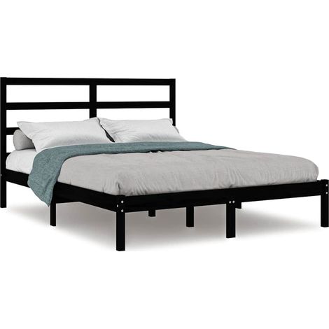 Lit adulte pour 2 personnes, Structure de lit, Assemblage Facile, Noir Bois de pin massif 140x190 cm OIB9934E (1/5)
