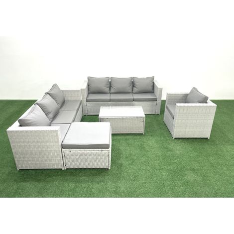Fimous Polyrattan Sofa Gartenmöbel Set mit Sessel Rechteckiger Couchtisch 2 Großer Hockern Hellgrau gemischt