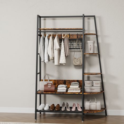 Perchero de pie en metal y madera negro y marron con 3 estantes, disen o industrial multifuncional, 118 x 41,5 x 183 cm (1/5)