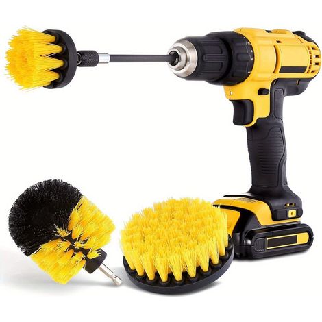 Ensemble de brosses électriques (jaunes, 4 pièces) pour le nettoyage des surfaces de la cuisine et de la salle de bain, des baignoires et des éviers. (1/5)
