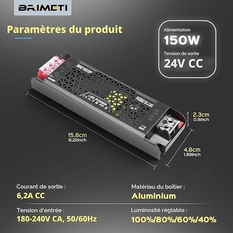 LED Transformer 220V 24V 150W Power Supply Dimmable Low Voltage Driver 220V AC to 24V DC 6.2A Ultra Thin Converter Transformer Constant Indoor Transformer for LED Strip Light (1/4)