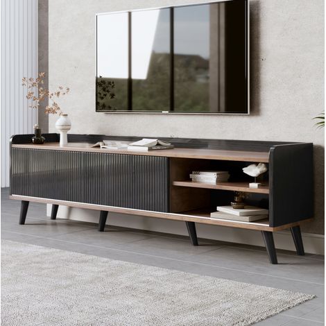Mueble TV con 2 cajones y 2 puertas correderas, 160 x 40 x 58 cm, negro y madera DESVIAE (1/5)