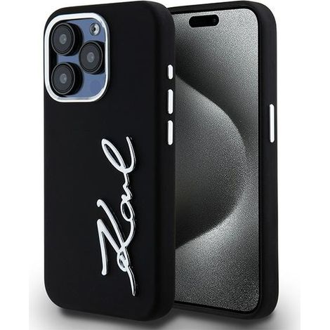 Karl Lagerfeld KLHCP15LSCMSMVK iPhone 15 Pro 6.1 schwarze/schwarze Hartschalen-Silikonhülle mit Metall-Schriftzug-Logo (1/5)