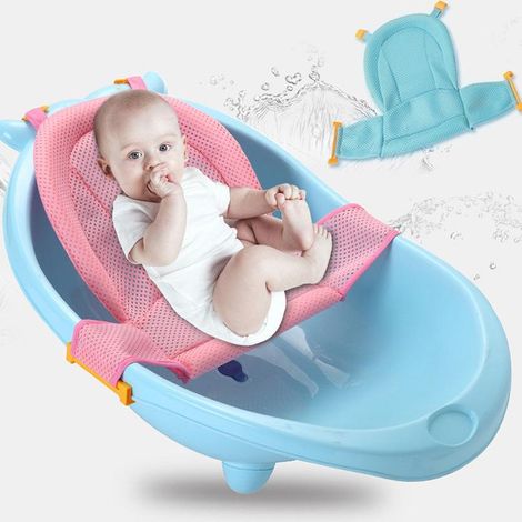 Tapis de bain bébé rose, siège de bain antidérapant avec filet, coussin de baignoire pour nouveau-né, support de douche respirant en maille 3D, sangle réglable 0-36 mois, matelas de bain doux et sûr (1/5)