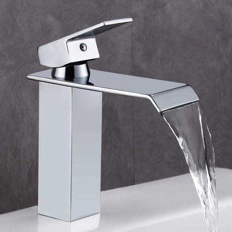 Waschbecken Wasserhahn, moderner Stil aus verchromtem Messing Wasserfall Waschbecken Wasserhahn, Keramikventil, rechteckig abgeflacht Design für 30% Wassersparen. (1/5)