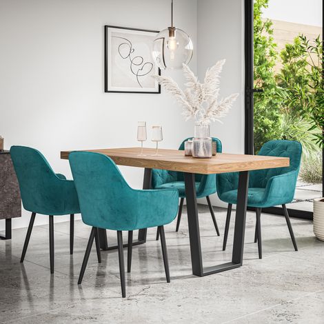 Aria Dining Table And Chairs -  Oak Effect Table Top w Black Legs + Anika Velvet Dining Chair Set Of 6 (Blue) (1/5)
