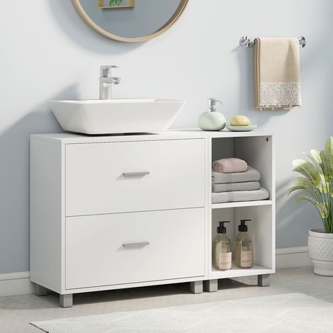 Blanc 90x30x60 cm - Meuble de salle de bain sous l’évier doté de 2 tiroirs et 2 étagères ouvertes pour l’évier avec piédestal
