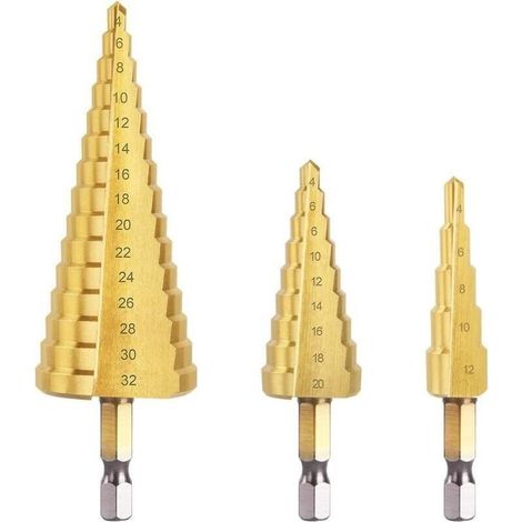 3PCS Foret Étagé Métal, 4-12/20/32mm Fraise Etage Metal Triangle Conique Titane, Meche Etage Tige à Hexagone pour Visseuse sur Métal Acier, Bois, Laiton, Aluminium, Plastique (1/4)