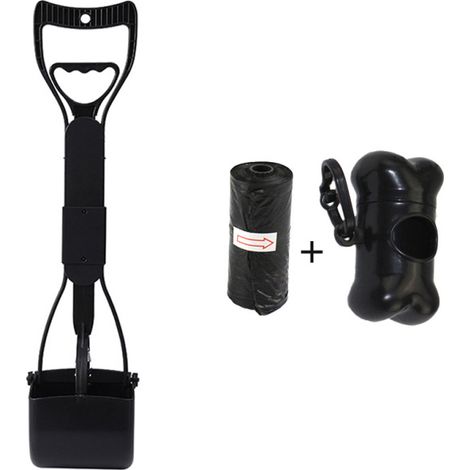 Recogedor de excrementos plegable con mango largo de 45 cm, completo con bolsa de basura y caja de almacenamiento con forma de hueso para perros y gatos.
