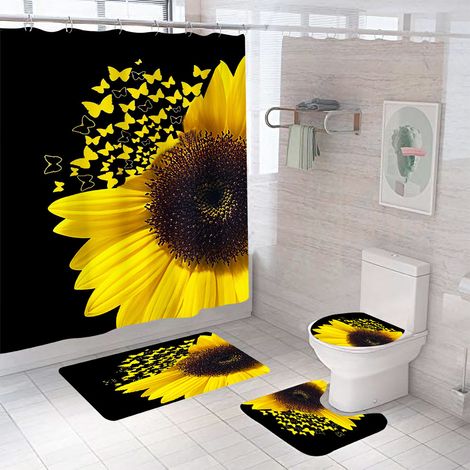 Ensemble de rideau de douche 4 pièces avec motif tournesol, citations et papillons