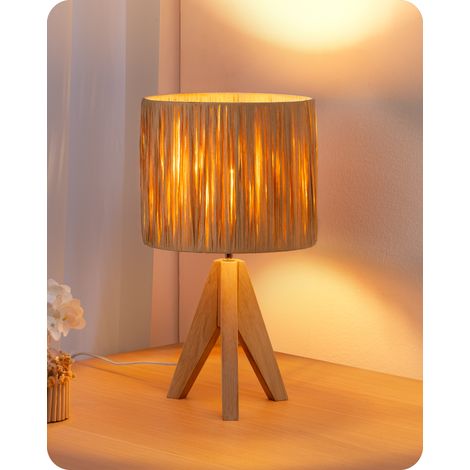 EDISHINE Nachttischlampe, LED Tischlampe mit handgewebtem Seil-Lampenschirm & Massivholz-Stativ, 2700K Warmweiß, Boho Tischleuchte für Schlafzimmer, Wohnzimmer und Hotel, inkl. E27 4W Glühbirne
