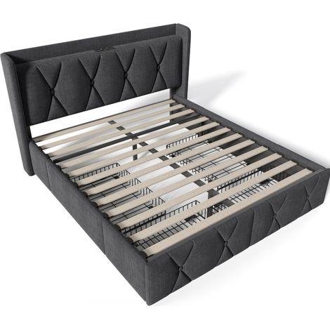 Letto matrimoniale imbottito grigio 140 x 200 cm con 4 cassetti, USB e prese, rete a doghe, HOMVRA (1/5)