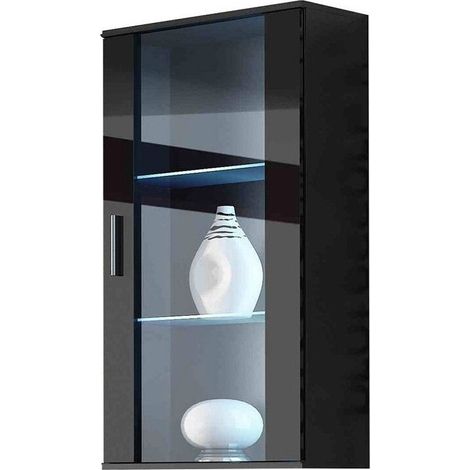 Armario de pared Tornola 103, Negro + Negro brillante, 116x60cm, Número de puertas: 129cm, Aglomerado laminado, Vidrio, LED (1/4)