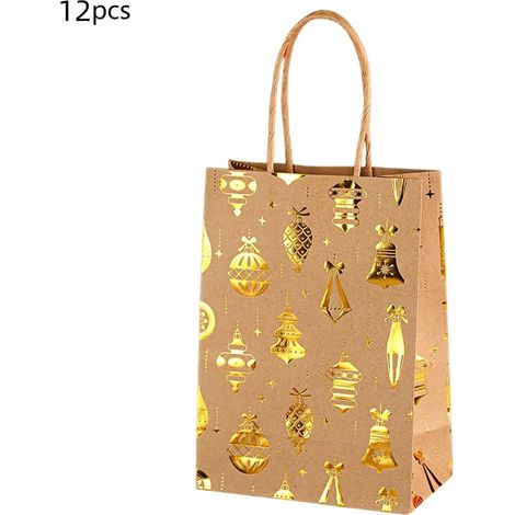 Sac Cadeau Noël - Papier Kraft - Fond Plat - 21 x 15 x 8 cm - Or - 12 Pièces