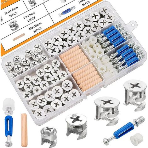 120-teiliges 3-in-1-Nockenschloss-Set für Möbel – Nockenbolzen, Stifte und Muttern. Geeignet für die Möbelmontage. (1/4)