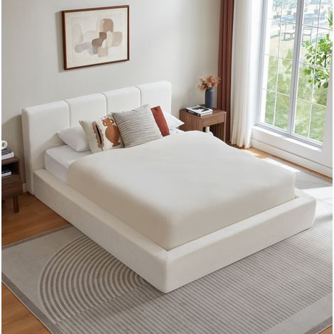 Cama 140x200 cm de espuma y acero blanco crema con cabecero, sin colchón - CHICFURN (1/5)