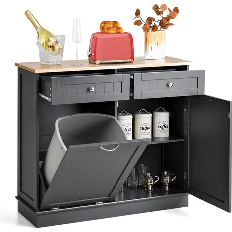 Costway – Meuble salle de bain 2 tiroirs – Placard 42L avec porte basculante – Étagère réglable – Plan de travail en caoutchouc – 100 x 35 x 91 cm (gris) (1/5)