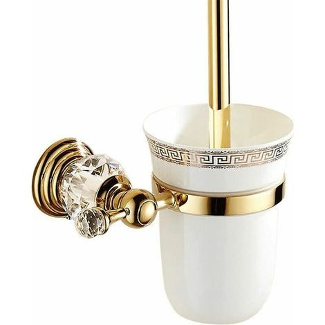 Metallener WC-Bürstenhalter mit poliertem Glas und passendem Toilettenartikel-Set. Goldene Designer-WC-Accessoires. Wandmontage, goldfarben. Europäisches Badezimmer. (1/5)