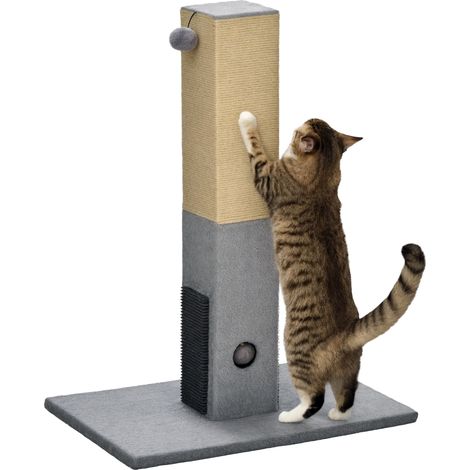 Poteau à gratter pour chat - PawHut - 79 cm - balle suspendue et balle avec clochette - 2 brosses de toilettage - beige, gris