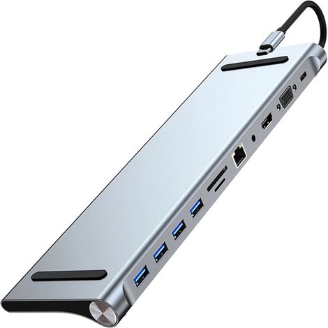 Hub USB-C 11 in 1 con supporto per tre display, HDMI 4K, VGA, USB 3.0/2.0, Type-C, lettore SD/TF ed Ethernet. (1/5)