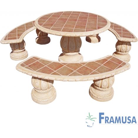 CONJUNTO COMEDOR PIEDRA CIRCULAR JARDIN ALAMO TOSTADO CON AZULEJOS OCRE