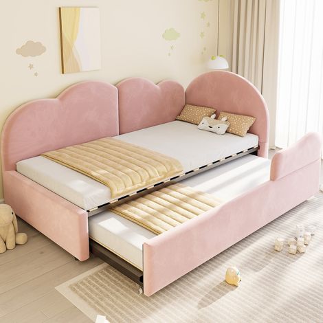 Cama nido 90/180x200 cm en terciopelo rosa con cabecero nube y forma en L (1/5)
