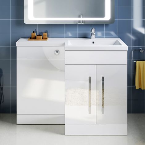 ELEGANT L Shape Bathroom Vanity Sink Unit 1100mm Furniture Storage High Gloss White Vanity Unit with Concealed Cistern + Basin Right Hand