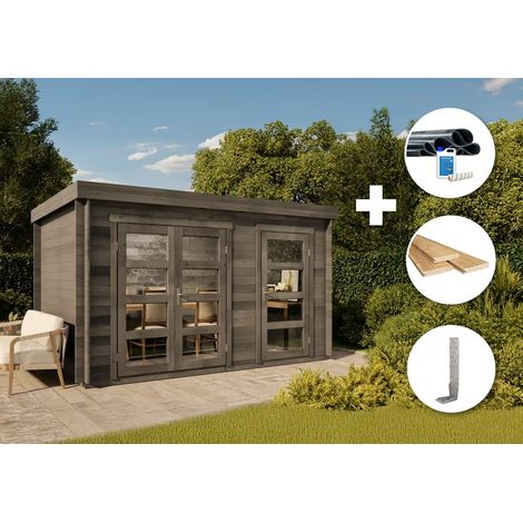 Alpholz ECO Set - Gartenhaus Paloma Grande -grau Gartenhaus aus Holz in Grau, Holzhaus mit 28 mm Wandstärke Blockbohlenhaus (1/4)