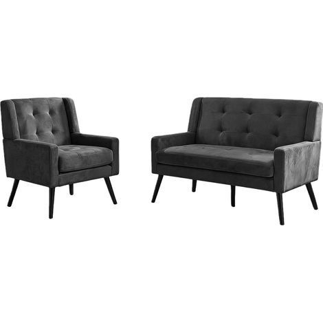 Set de 2 sillones tapizados gris oscuro con espuma de alta densidad y patas de madera (1/5)
