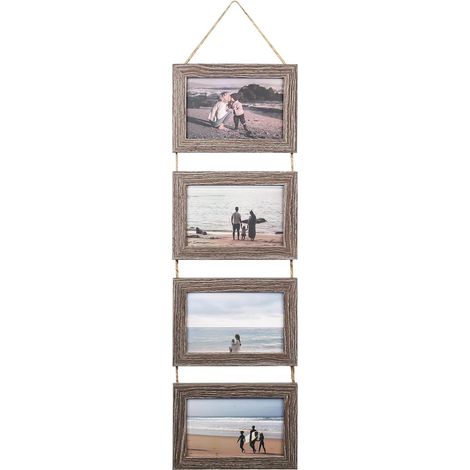 Cadres photo multiples 15 x 10 cm avec ficelle, 4 cadres horizontaux à accrocher au mur intégrés pour décorer la maison, le salon ou le bureau (gris vieilli) (1/5)