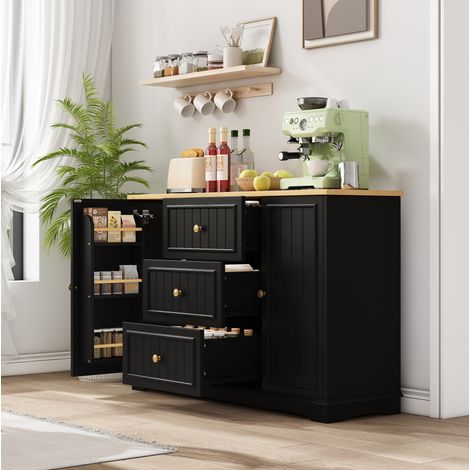 Aparador moderno negro de MDF con 3 cajones y puertas, 126 x 40 x 86 cm, REDOM (1/5)