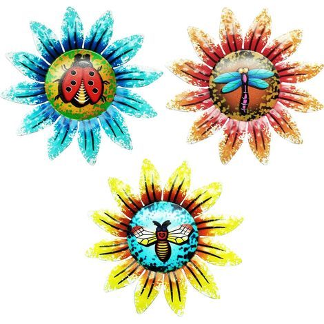 Vakuum-Lot de 3 Décorations Murales de Fleurs du Soleil en Métal,Sculpture à Suspendre en Forme de pour Beetle Abeille Papillon Intérieur et Extérieur,pour Jardin,Clôture,Maison (1/5)