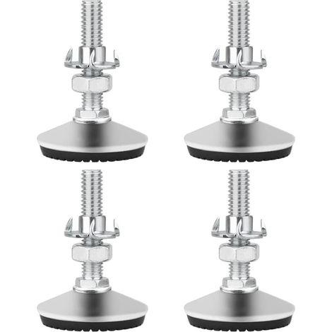 4 Pieds de nivellement, M8 x 50mm, Acier inoxydable, Base en caoutchouc, Meubles et machines