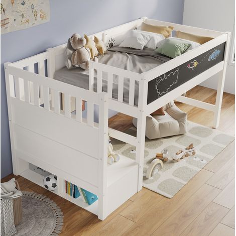 Lit mezzanine enfant moderne 90x200 cm blanc en bois massif et MDF avec escalier rangement, tableau et sommier à lattes (1/5)