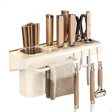 Porte Couteau,Range Couteaux de Cuisine Multifonctionnel avec Porte Baguettes,Porte Chiffons et 4 Crochets, Support Couteaux Résistant à L'eau Rangement pour Couverts,Ciseaux et Chiffons
