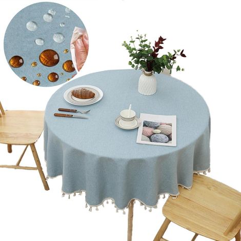 Nappe ronde 140 cm aspect lin avec franges, lavable, bleu clair