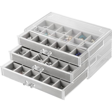 Boîte pour Boucles D'oreilles, Boîte à Bijoux 3 Niveaux, Boîte pour Bagues Filles Boîte de Rangement pour Acrylique Transparent, Plateau Amovible pour Bague Collier Anneau Montre Gris (1/5)