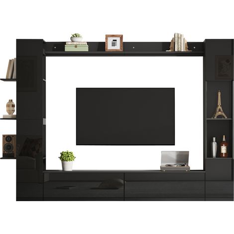 ELVMI Conjunto de Muebles de TV de Pared con Estante, Vitrina, Armario Lateral y Mueble Bajo, MDF y Acrílico, Negro (1/5)