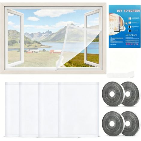 Moustiquaire à découper soi-même en 4 pièces pour fenêtres, avec Velcro, matériau polyester, moustiquaire auto-adhésive, 130 x 150 cm, blanche. (1/5)